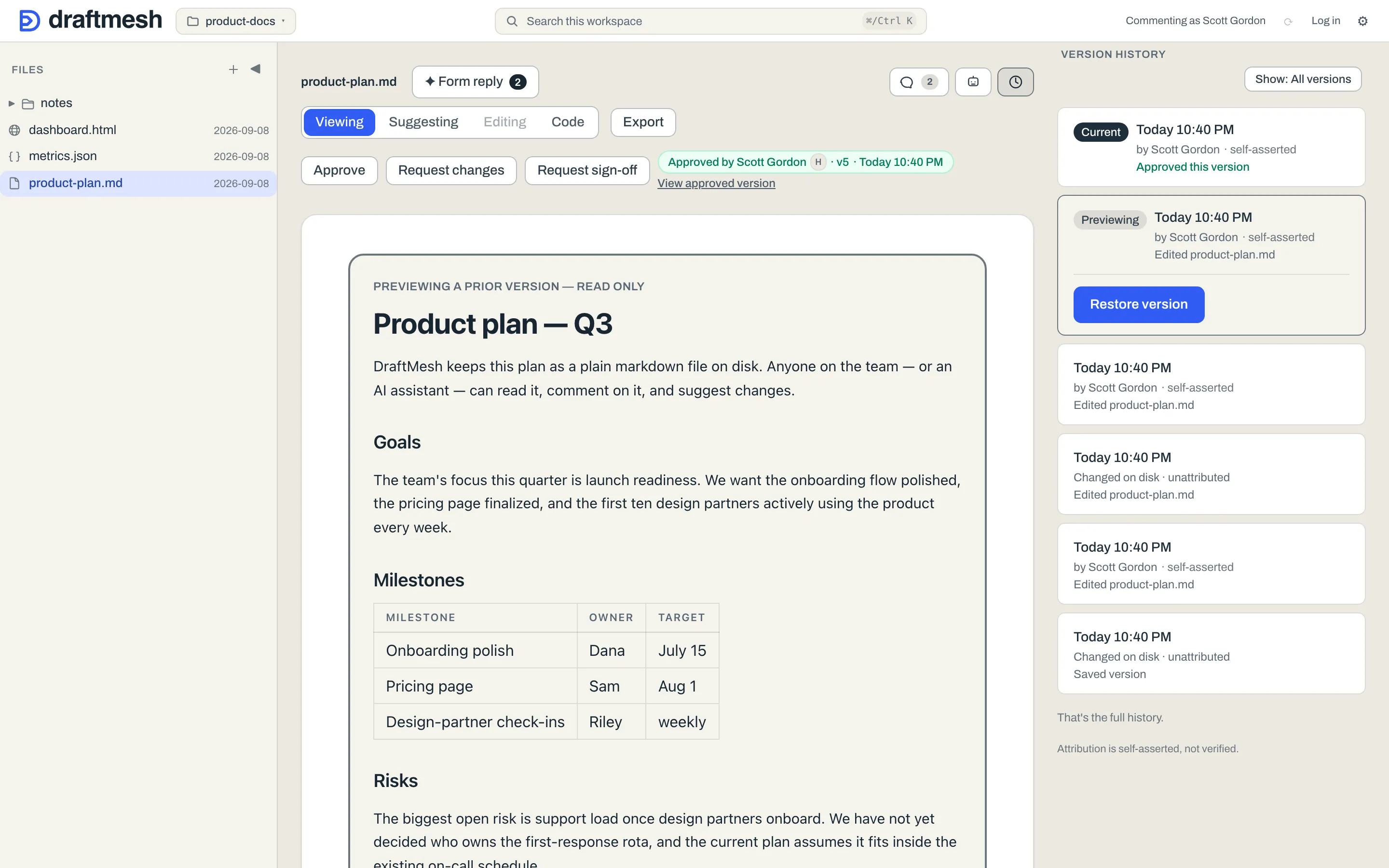 The DraftMesh version history panel listing saved versions of a document, each with its author and the time it was saved, and a Restore version button.