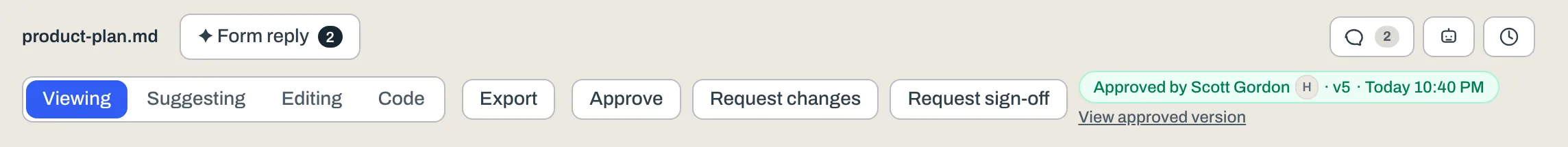 After approving, the toolbar shows who approved