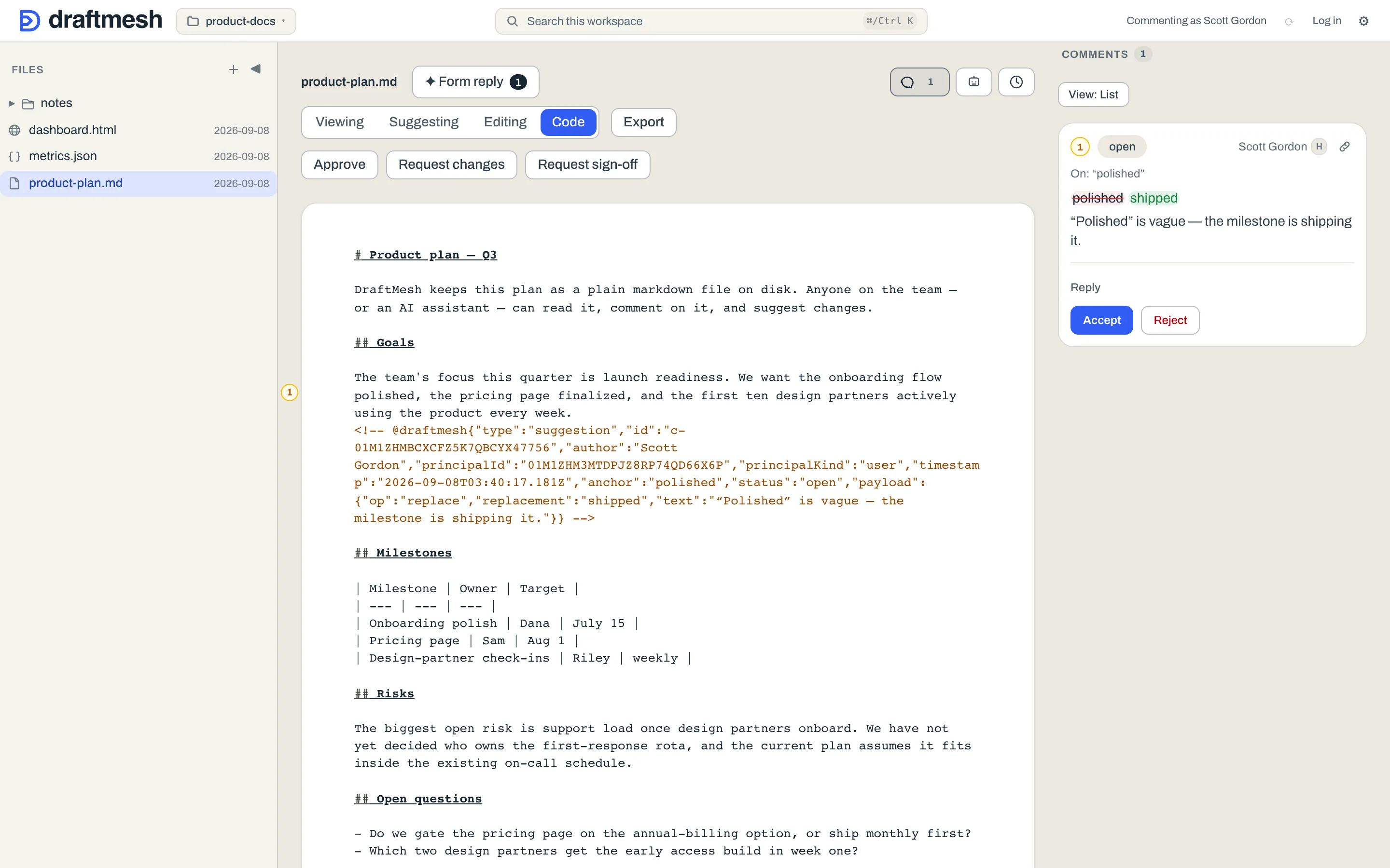 Code mode showing the raw markdown with DraftMesh annotation markers