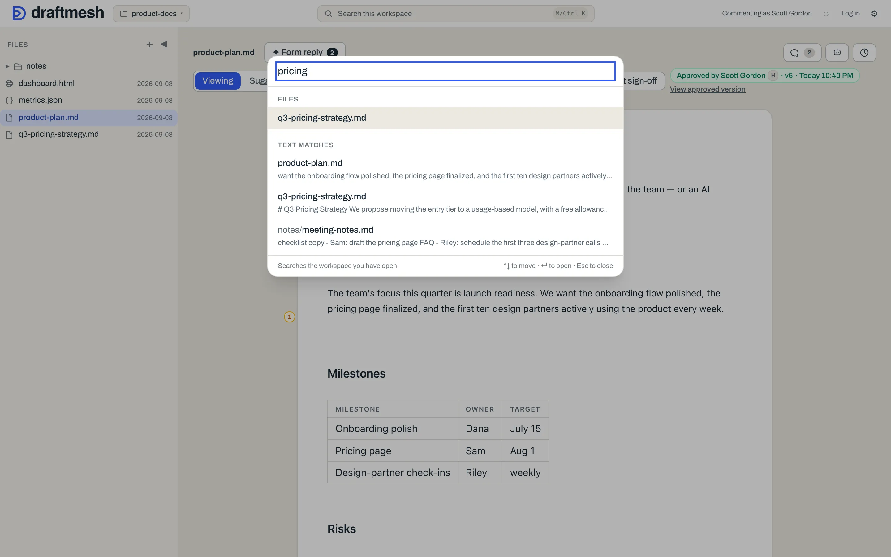 The search palette showing file-name and full-text matches