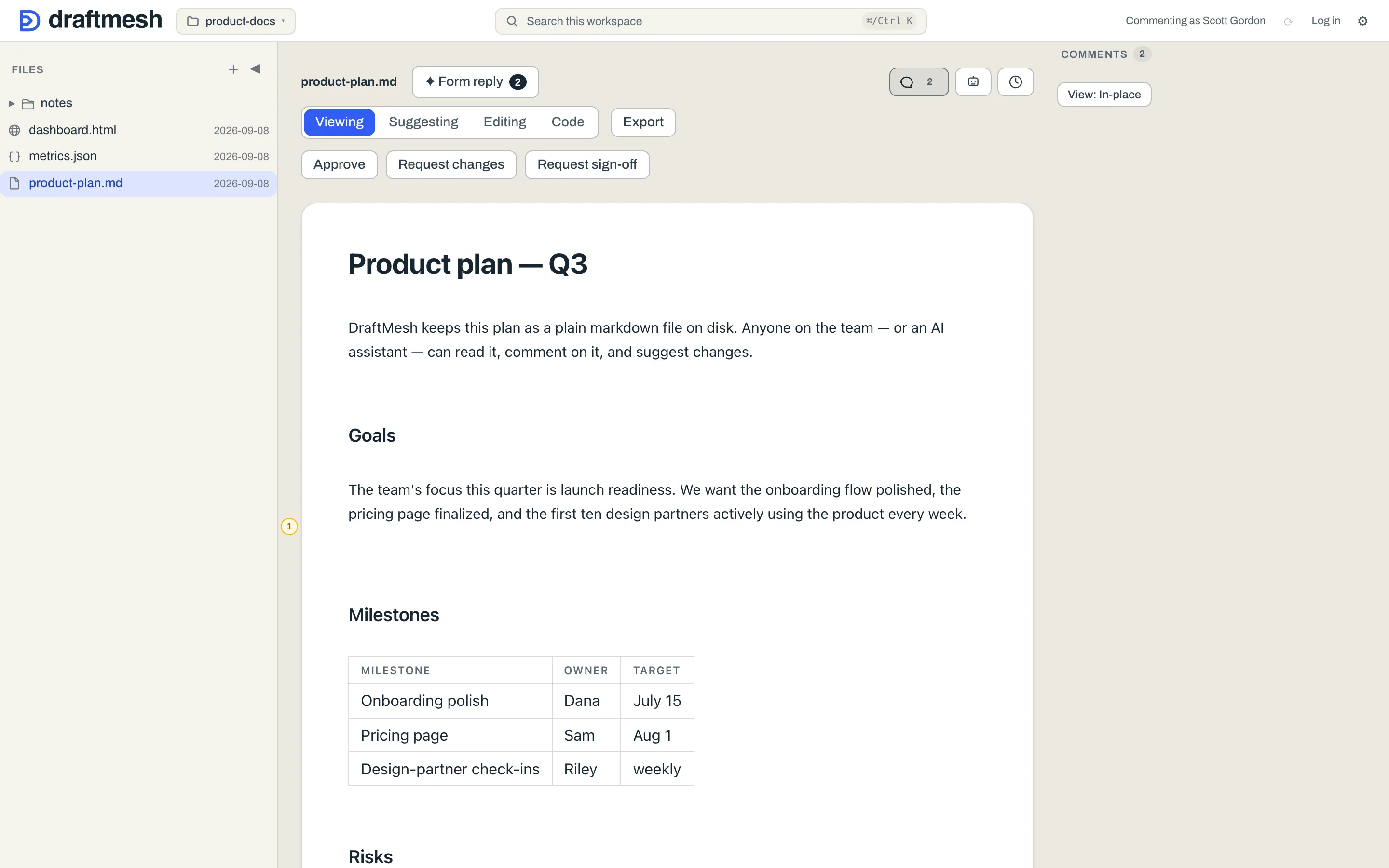 In-place comments render beside the text they anchor to