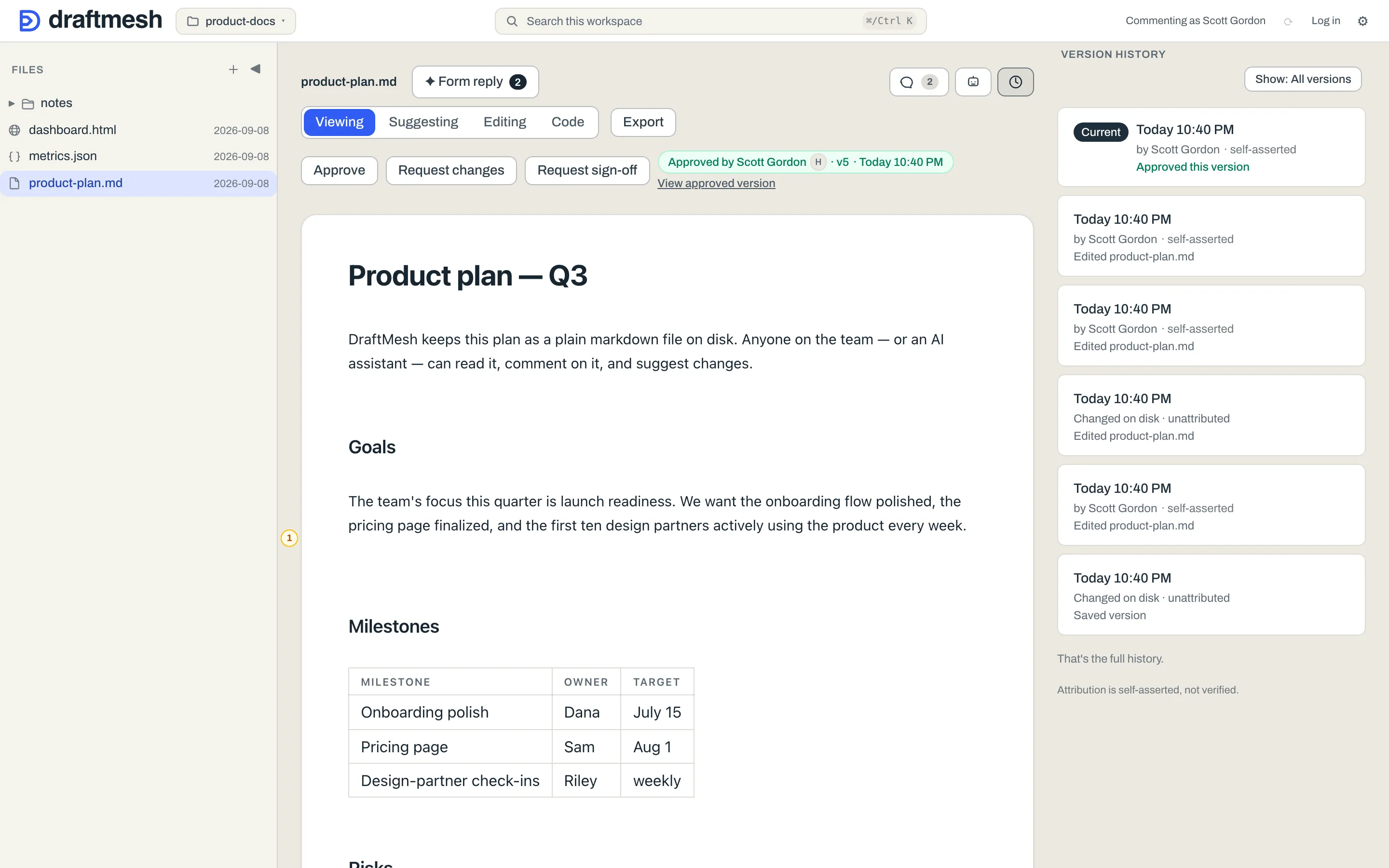The version history panel listing saved versions with author and time