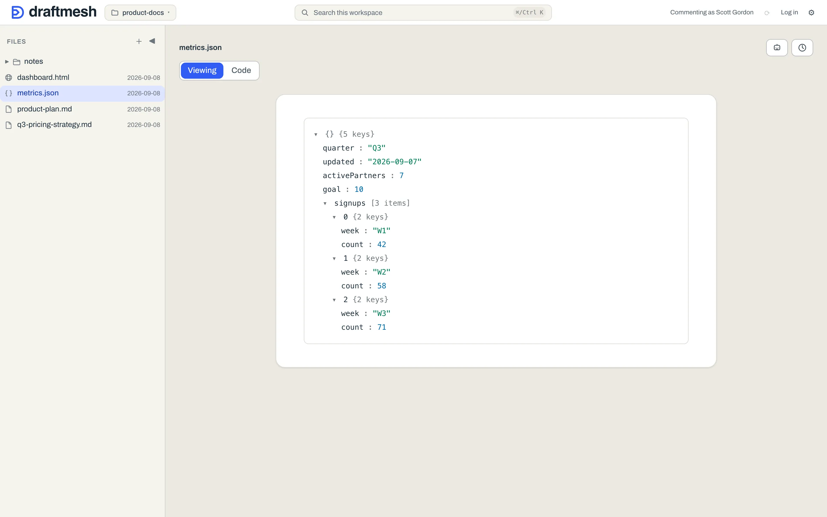 A JSON file rendered as a collapsible tree