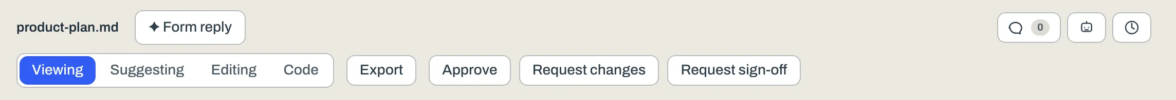 The document toolbar: Viewing, Suggesting, Editing and Code modes, plus Approve, Request changes and Request sign-off