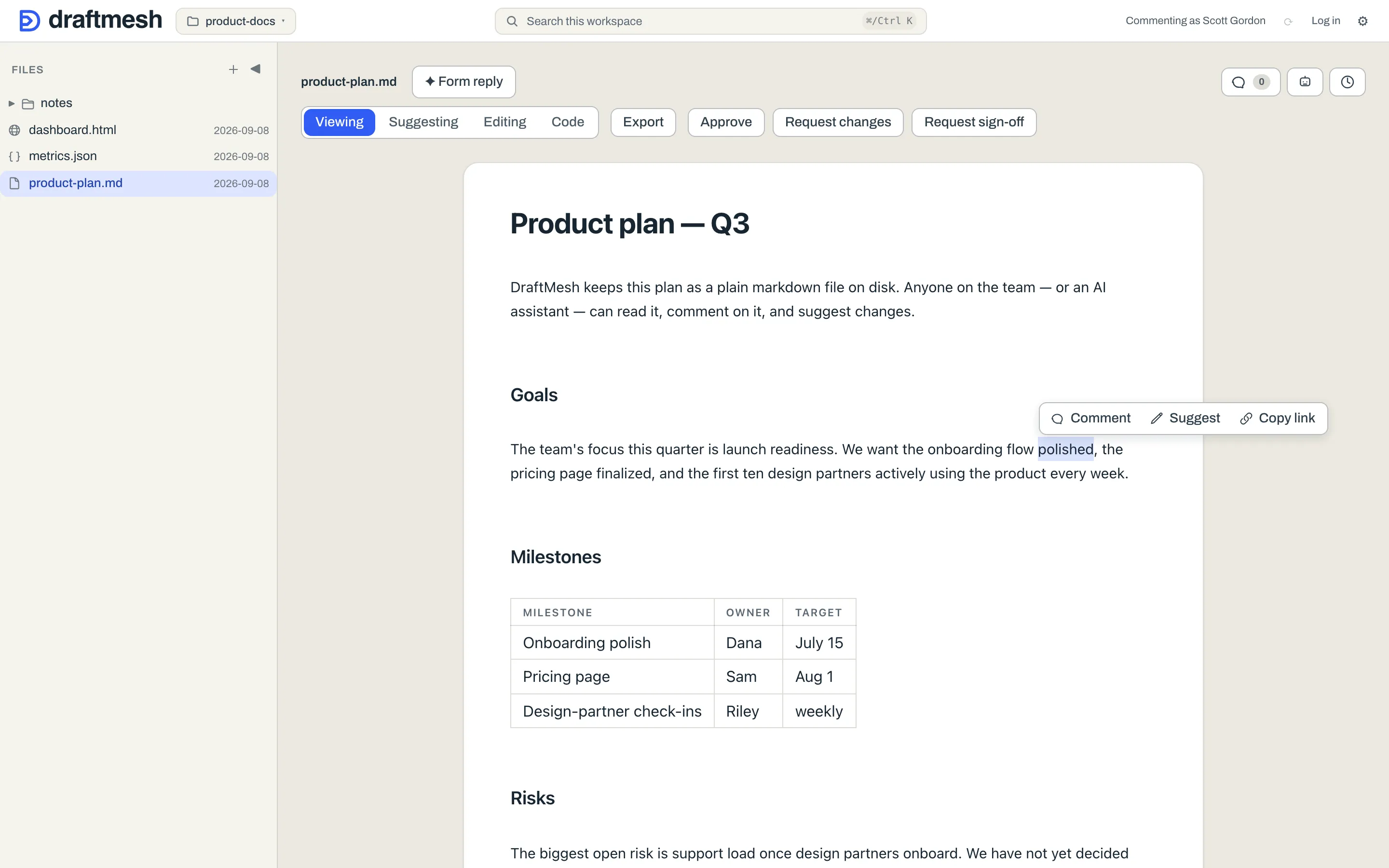 Selecting text in Viewing mode pops up Comment, Suggest and Copy link (plus Share section on DraftMesh cloud)