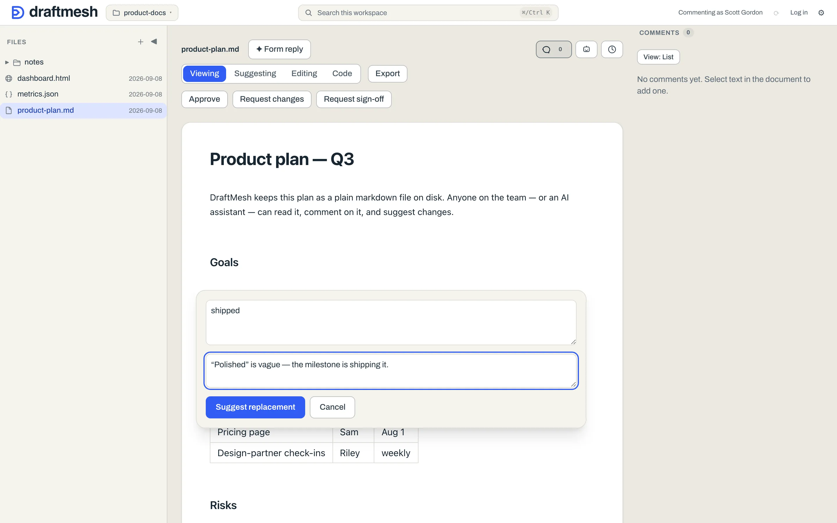 The suggestion form: proposed replacement text plus an optional note