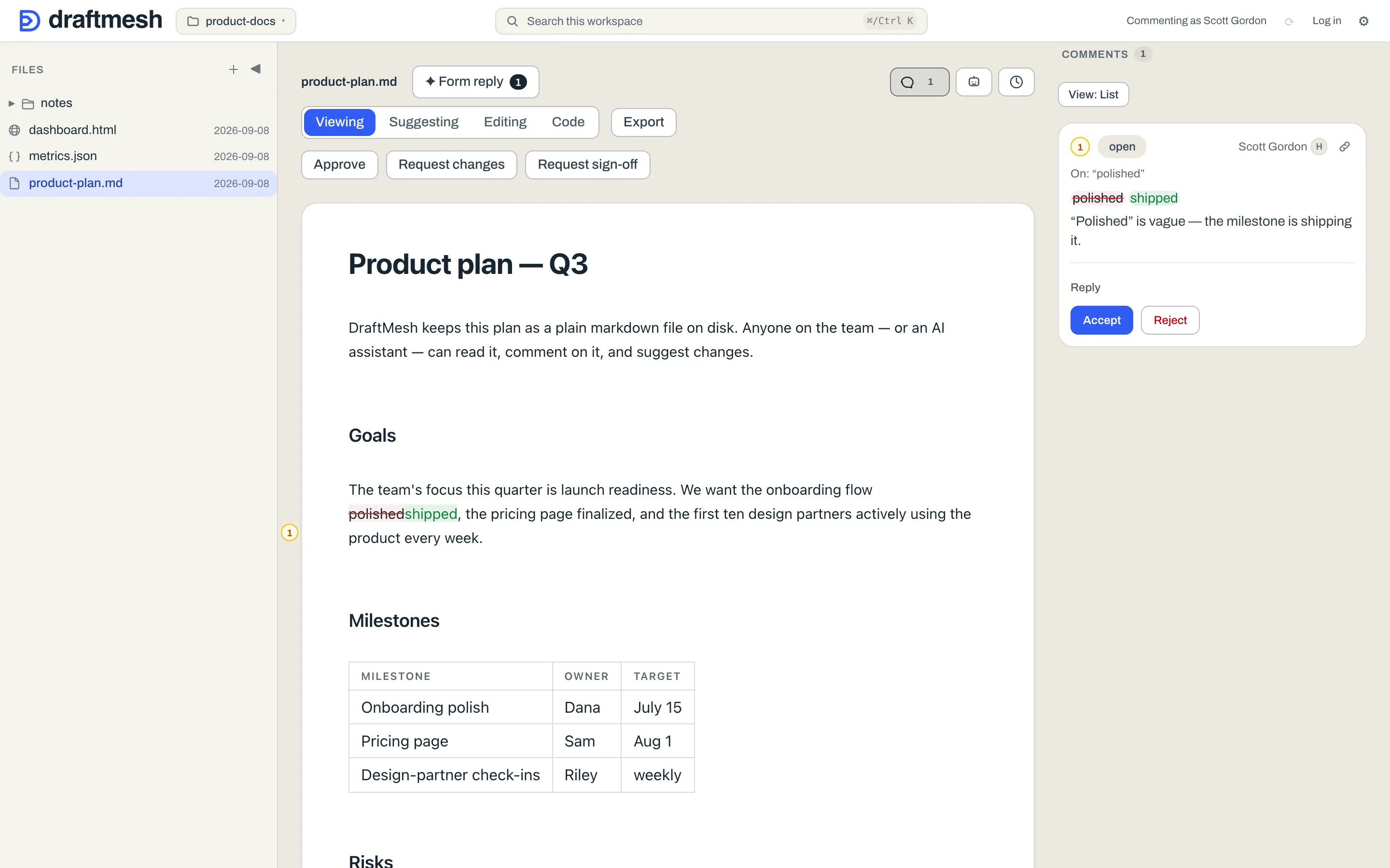 A suggestion rendered as tracked changes, with Accept and Reject in the comments panel