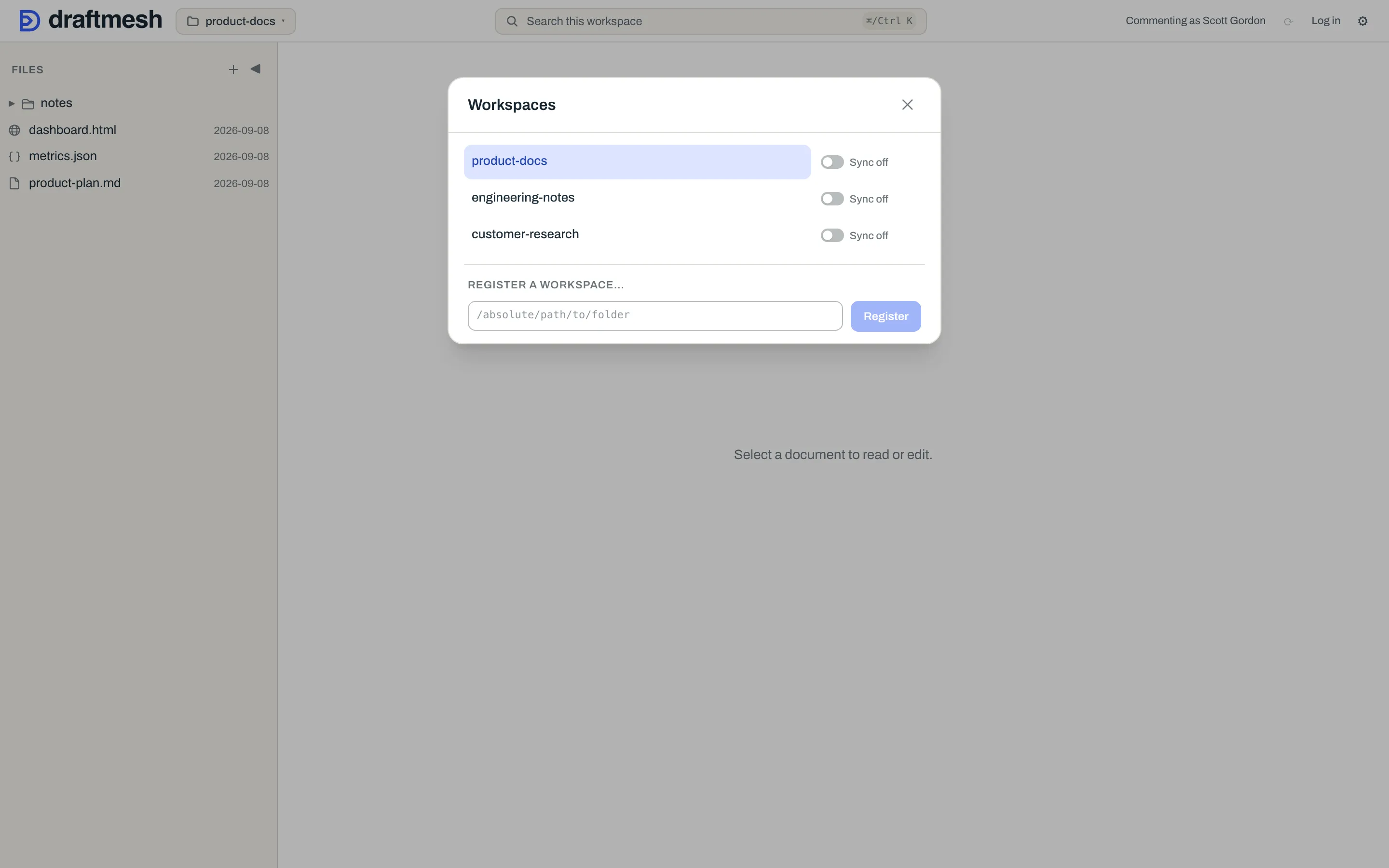 The workspace picker, with per-workspace sync toggles and a register-by-path field